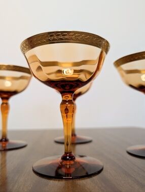 Vintage Amber Glass Gold Rim With Laurel Leaf Pattern Champagne Glasses Set Of 4